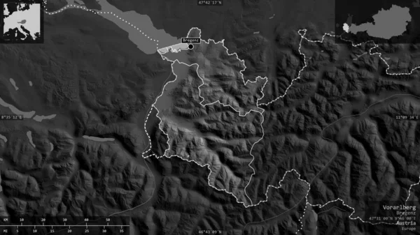 オーストリアのヴォアルバーグ州 湖や川とグレースケールの地図 有益なオーバーレイとその国の領域に対して提示形状 3Dレンダリング — ストック写真