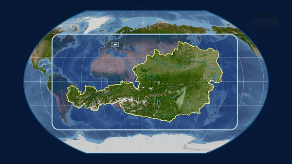 Zoomed Widok Austrii Zarys Linii Perspektywy Wobec Globalnej Mapy Projekcji — Zdjęcie stockowe