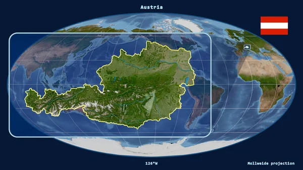 Увеличенный Вид Австрию Перспективными Линиями Против Глобальной Карты Проекции Моллвейда — стоковое фото
