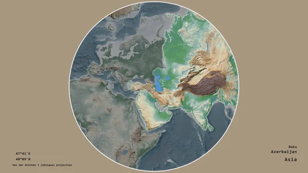 阿塞拜疆地区以荒凉的背景为中心 围绕着它的大陆 大写的地理推论和名称 彩色物理图 — 图库照片