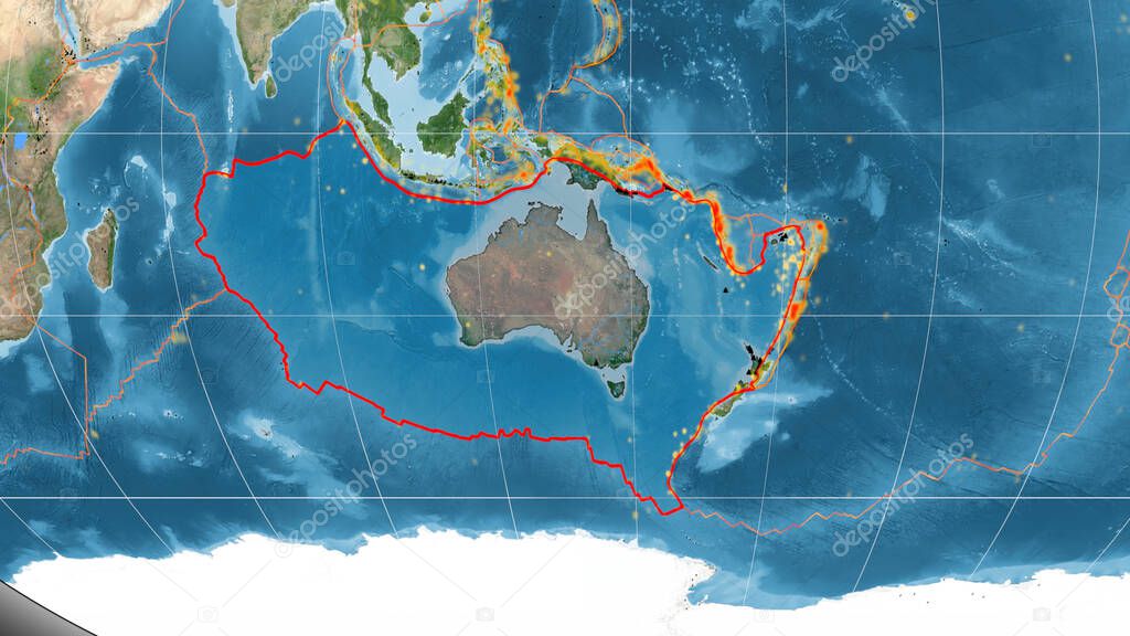 Australian tectonic plate outlined on the global satellite imagery in the Kavrayskiy projection. 3D rendering