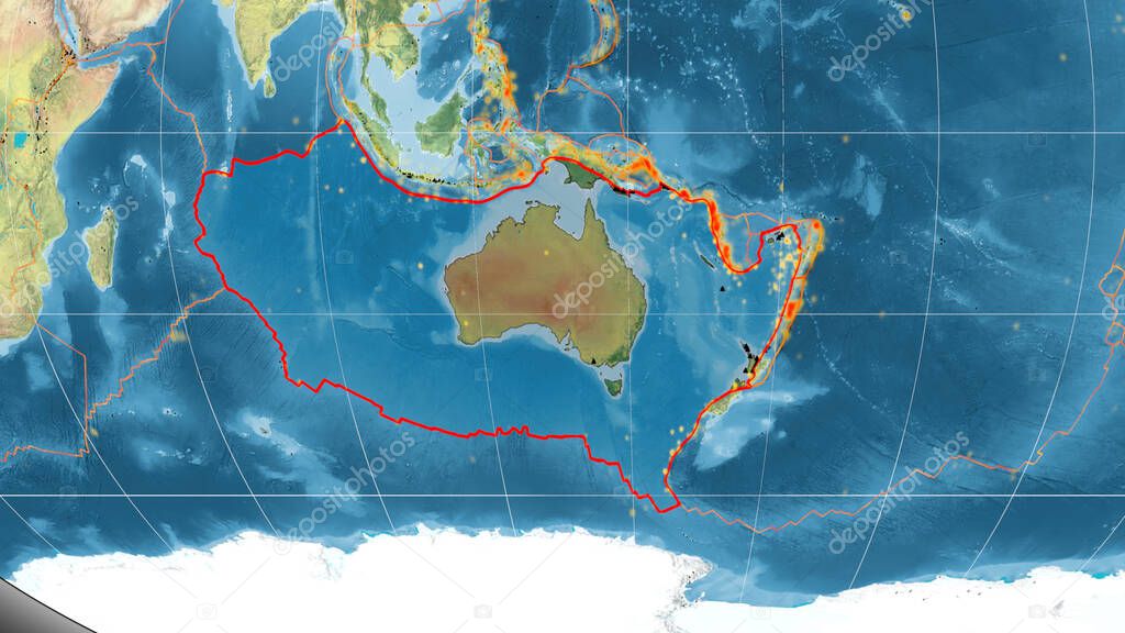 Australian tectonic plate outlined on the global topographic map in the Kavrayskiy projection. 3D rendering