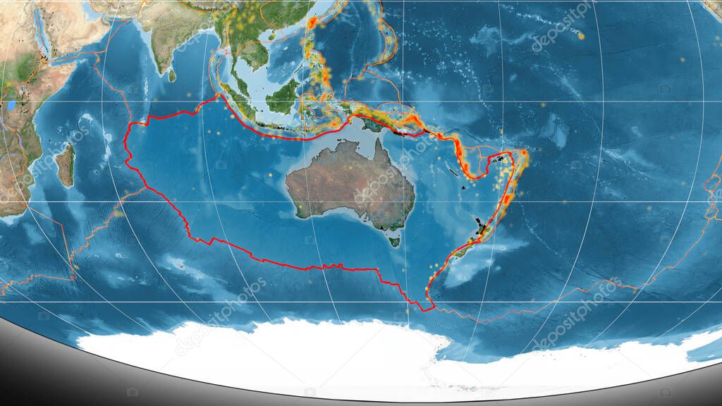 Australian tectonic plate outlined on the global satellite imagery in the Mollweide projection. 3D rendering