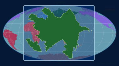 Mollweide projeksiyonundaki küresel bir haritaya karşı Azerbaycan 'ın perspektif çizgileriyle yakınlaştırılmış görüntüsü. Şekil merkezli. Kıtaların renk haritası