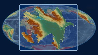 Mollweide projeksiyonundaki küresel bir haritaya karşı Azerbaycan 'ın perspektif çizgileriyle yakınlaştırılmış görüntüsü. Şekil merkezli. topografik yardım haritası