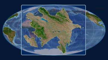 Mollweide projeksiyonundaki küresel bir haritaya karşı Azerbaycan 'ın perspektif çizgileriyle yakınlaştırılmış görüntüsü. Şekil merkezli. uydu resimleri