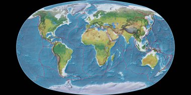 Baranyi projeksiyonundaki dünya haritası 11 doğu boylamına odaklı. Ana fizyografik manzara özellikleri - gratikül ve tektonik levhalar kenarlı raster bileşimi. 3B illüstrasyon