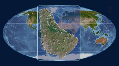 Mollweide projeksiyonundaki küresel bir haritaya karşı Barbados 'un perspektif çizgileri ile yakınlaştırılmış görünümü. Şekil merkezli. uydu resimleri