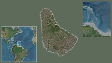 Barbados 'a ve bölgedeki konumuna ve geniş çaplı bir dünya haritasının merkezine yakın çekim. Uydu görüntüleri