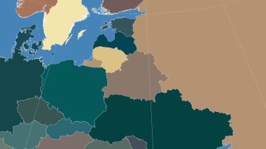 Belarus ve mahallesi. Uzak eğimli perspektif - özet yok. idari bölümlerin renk haritası