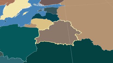Belarus ve mahallesi. Uzak eğimli perspektif - şekil çizilmiş. idari bölümlerin renk haritası