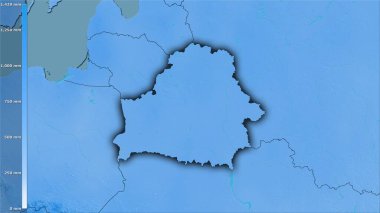 Belarus bölgesinde efsanevi stereografik projeksiyonda yıllık yağış - koyu parlak dış hatlı raster tabakalarının ham bileşimi