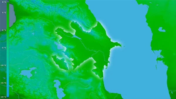 伝説との立体投影でアゼルバイジャン地域内で最も寒い四半期の平均気温 光輝く輪郭を持つラスター層の生の組成 — ストック写真