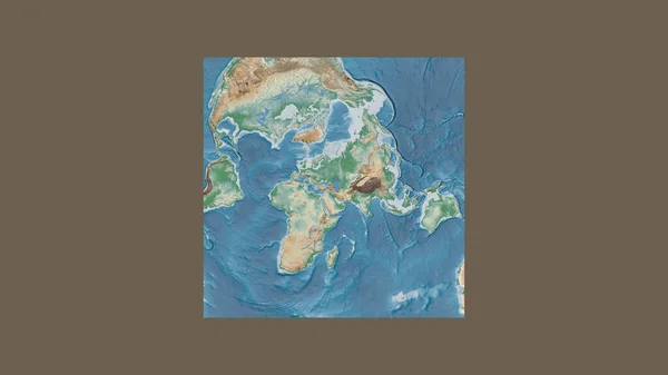 Square frame of the large-scale map of the world in an oblique Van der Grinten projection centered on the territory of Azerbaijan. Color physical map