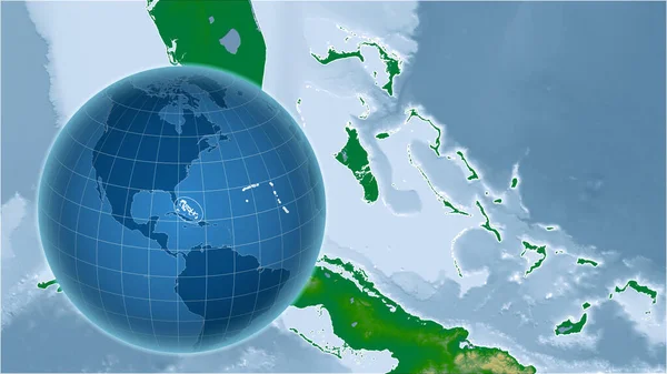 Bahamy Globus Kształcie Kraju Powiększoną Mapą Swoim Zarysem Kolor Mapa — Zdjęcie stockowe