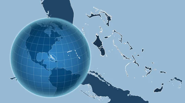 Bahamas Globo Com Forma País Contra Mapa Ampliado Com Seu — Fotografia de Stock