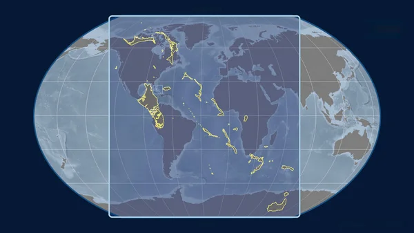 カヴァライスキー プロジェクションの世界地図に対する遠近法線を持つバハマのアウトラインの拡大表示 形を中心に グレースケール標高図 — ストック写真