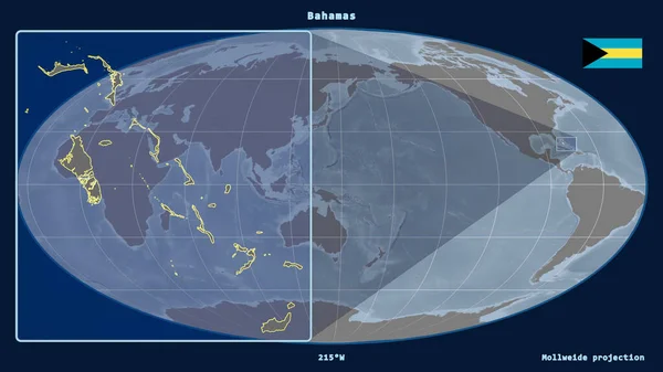 Zoomed-in view of Bahamas outline with perspective lines against a global map in the Mollweide projection. Shape on the left side. grayscale elevation map