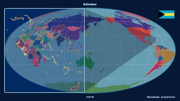 バハマのアウトラインを視野線で拡大し モルルワイド予測の世界地図に対して 左側の形 行政区画のカラーマップ — ストック写真