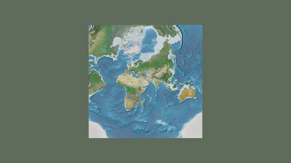 バーレーンの領土を中心に斜めのヴァン グリンテン投影で世界の大規模な地図の正方形のフレーム 衛星画像 — ストック写真