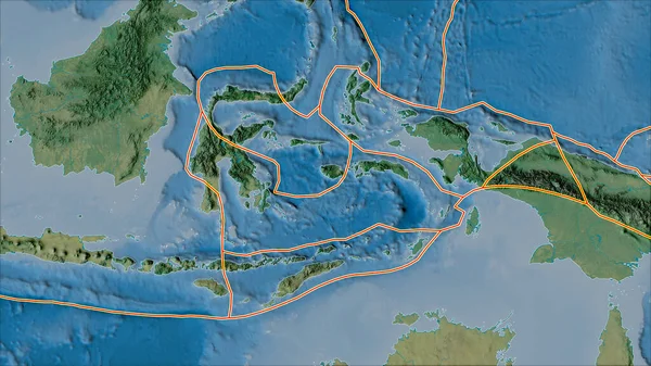 バンダ海プレートエリアに隣接する地域の地形図上の構造プレートの境界 ヴァン グリンテンI予測 斜めの変換 — ストック写真