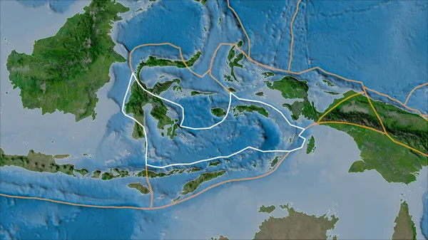 衛星上の隣接するプレートの概要バンダ海地殻プレートと境界ヴァン グリンテンIの地図投影 斜めの変換 — ストック写真