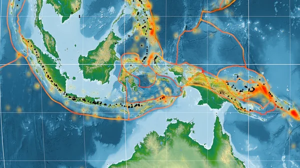 バンダ海の地殻プレートは カヴァライスキー予測の地球の色物理学的地図上で概説されました 3Dレンダリング — ストック写真