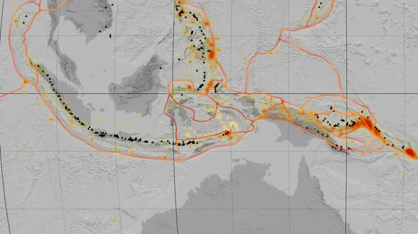 モルルワイド プロジェクションの世界的なグレースケールの標高地図上で概説されたバンダ海の地殻プレート 3Dレンダリング — ストック写真