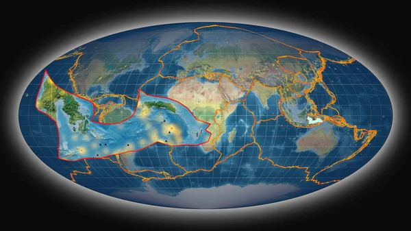 Proti Globální Topografické Mapě Mollweidově Projekci Rýsovala Tektonická Deska Banda — Stock fotografie