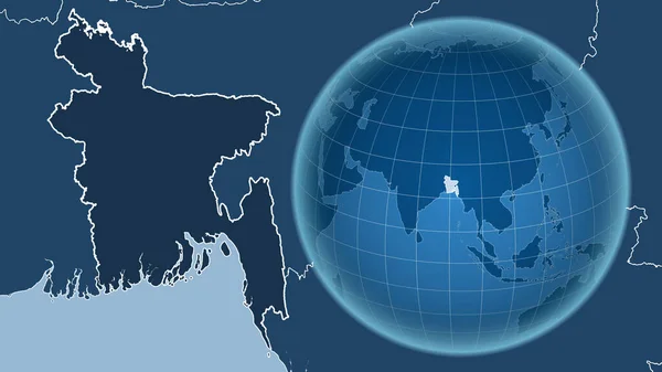Bangladesh. Globe with the shape of the country against zoomed map with its outline. shapes only - land/ocean mask