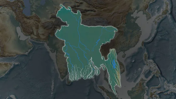 Área Bangladesh Agrandó Brilló Sobre Fondo Oscuro Sus Alrededores Mapa — Foto de Stock