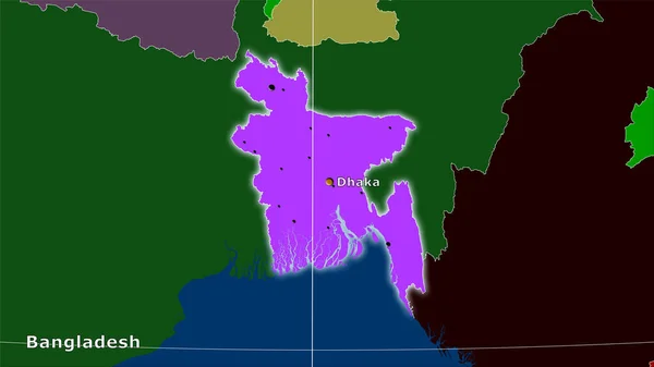 Bangladesh area on the administrative divisions map in the stereographic projection - main composition