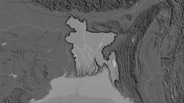 Bangladesh area on the bilevel elevation map in the stereographic projection - raw composition of raster layers with dark glowing outline