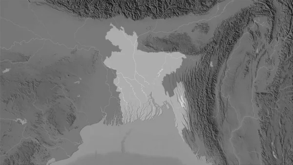 Bangladesh area on the grayscale elevation map in the stereographic projection - raw composition of raster layers