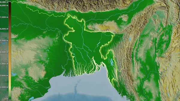 Physical map within the Bangladesh area in the stereographic projection with legend - raw composition of raster layers with light glowing outline
