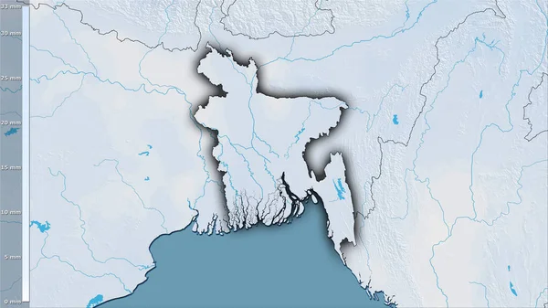 Efsanevi stereografik projeksiyonda Bangladeş bölgesindeki en kurak ayın yağışı - koyu parlak dış hatlı raster tabakalarının ham bileşimi