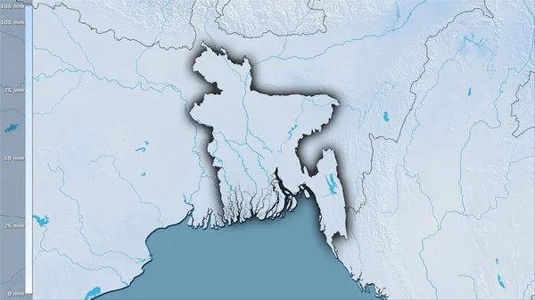 凡例付きの立体投影でバングラデシュエリア内の乾燥した四半期の降水量 暗い輝く輪郭を持つラスター層の生の組成 — ストック写真