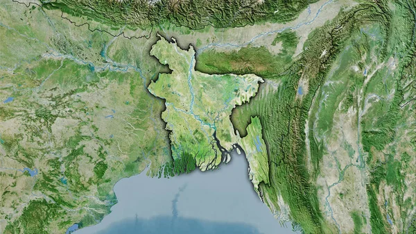 Bangladesh area on the satellite D map in the stereographic projection - raw composition of raster layers with dark glowing outline