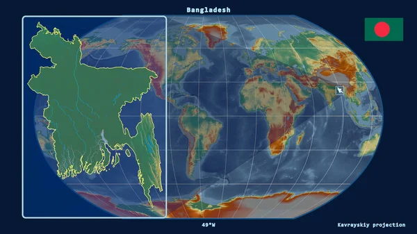 Vergrößerte Ansicht Von Bangladesch Mit Perspektivischen Linien Gegen Eine Weltkarte — Stockfoto