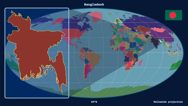 Vergrößerte Ansicht Von Bangladesch Mit Perspektivischen Linien Gegen Eine Weltkarte — Stockfoto