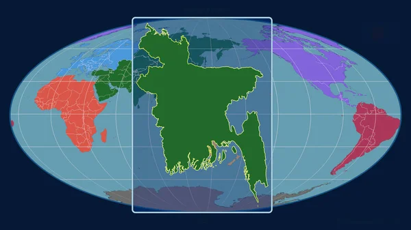 Přiblížený Pohled Bangladéš Perspektivními Liniemi Proti Globální Mapě Mollweidově Projekci — Stock fotografie