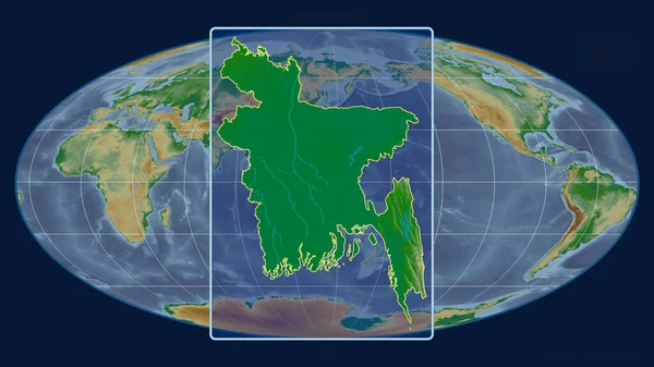 Zoomed View Bangladesh Outline Perspective Lines Global Map Mollweide Projection — Stock Photo, Image