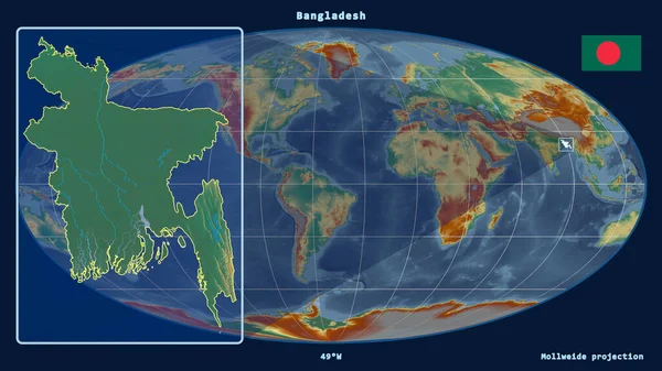 Vergrößerte Ansicht Von Bangladesch Mit Perspektivischen Linien Gegen Eine Weltkarte — Stockfoto