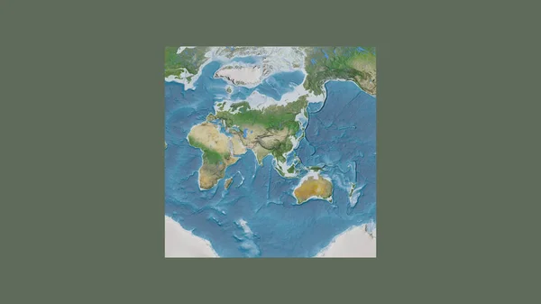 Square frame of the large-scale map of the world in an oblique Van der Grinten projection centered on the territory of Bangladesh. Satellite imagery
