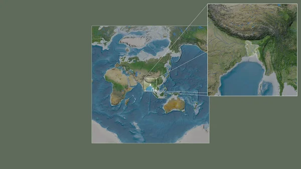世界の大規模な地図から抽出されたバングラデシュの拡大拡大領域と フレームの隅を結ぶ主要線 衛星画像 — ストック写真