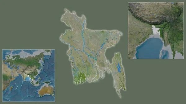 バングラデシュの閉鎖と地域と大規模な世界地図の中心部に位置しています 衛星画像 — ストック写真