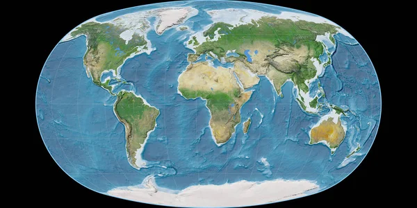 Världskartan Baranyis Projektion Centrerad Östlig Longitud Satellitbild Komposit Raster Med — Stockfoto