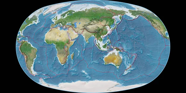 Mapa Świata Projekcji Baranyi Skupiona Wschodniej Długości Geograficznej Obrazy Satelitarne — Zdjęcie stockowe