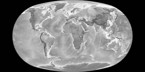 World Map Baranyi Projection Centered East Longitude Grayscale Elevation Map — Stock Photo, Image