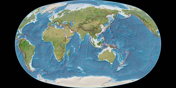 World Map Baranyi Projection Centered East Longitude Satellite Imagery Composite — Stock Photo, Image